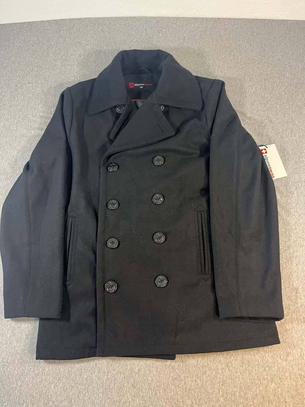 NWT Alpine Swiss Black Wool Blend Double Breasted Pea Coat Jacket Women’s 14 (M)